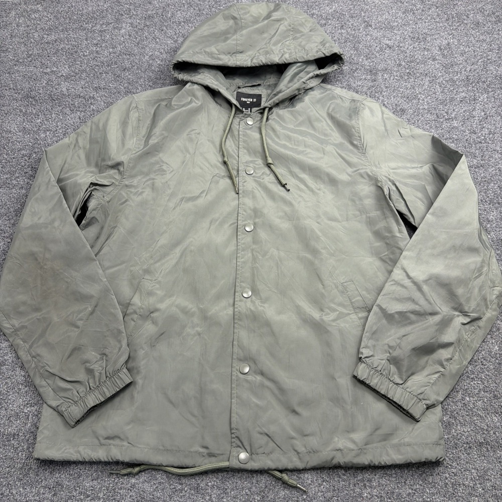 Forever 21 Mens Jacket Flight Olive Green Matt‎ Full Zip Size Medium Rain Jacket